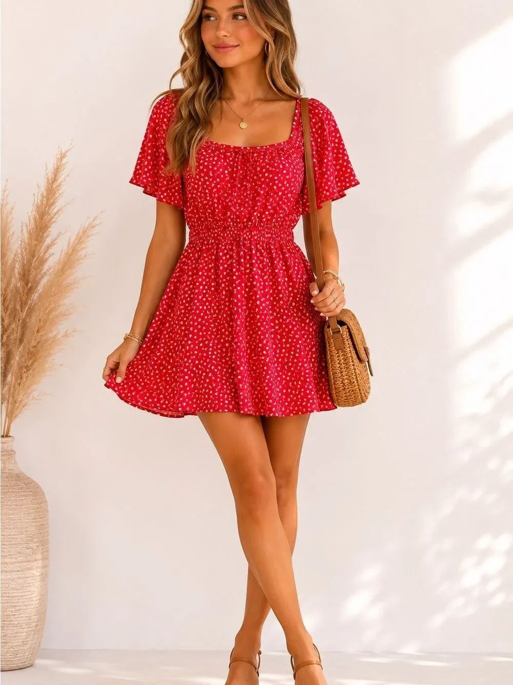 Sienna Sky Boho Chic Red Ditsy Floral Square-Neck Mini Dress